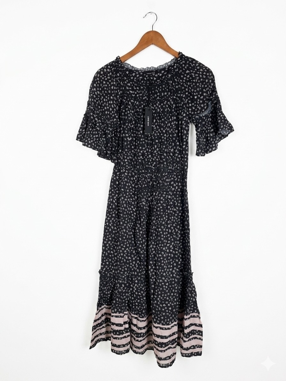 NWT Love Sam Black Floral Tiered Flutter Sleeve Midi Dress Size XS